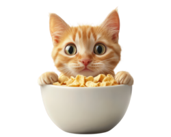 A cat is sitting in a bowl of cereal png