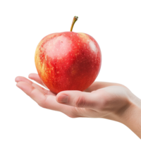 A Single Red Apple Held Gently in an Open Palm A Closeup Studio Shot of a Fresh Red Apple png