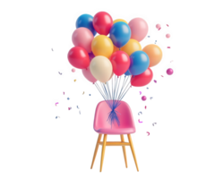 colorful assortment of balloons tied to pink chair creates festive atmosphere, perfect for celebrations and parties. vibrant colors and playful design evoke joy and excitement png