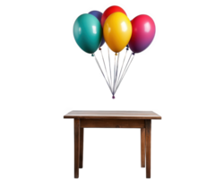 whimsical arrangement of colorful balloons floating above wooden table, creating cheerful and festive atmosphere. Perfect for celebrations and events png