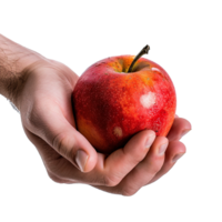 A hand gently cradles a ripe red apple against a white background png