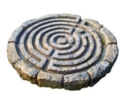 Intricate stone labyrinth design, circular shape, isolated on transparency background, showcasing artistic craftsmanship and ancient symbolism png