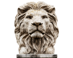 Majestic stone lion statue with detailed mane and fierce expression, isolated on transparency background, symbolizing strength and courage png