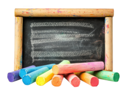Colorful chalks arranged beside chalkboard, perfect for creative play and learning. vibrant colors invite artistic expression and fun in educational settings png