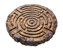Intricate stone labyrinth design with circular patterns, isolated on black. This artistic piece showcases detailed craftsmanship and unique texture, evoking curiosity and wonder png