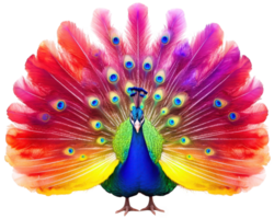 vibrant peacock displaying its stunning rainbow colored feathers, showcasing beautiful array of colors and intricate patterns. majestic bird stands proudly, captivating with its elegance and charm png