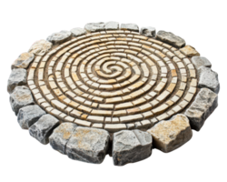 Intricate stone labyrinth design with circular pattern, isolated on transparency background, showcasing artistic craftsmanship and natural materials png