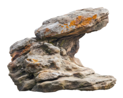 Unique rock formation with textured surface and moss, isolated on transparency background, showcasing natural beauty and geological features png