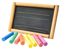Colorful chalks arranged beside wooden chalkboard, perfect for creative learning and playful activities. Ideal for classrooms or art projects png