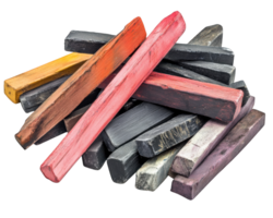 Art supplies including colorful pastels and charcoal sticks create vibrant scene for creativity. Perfect for artists and hobbyists alike, these materials inspire imagination and expression png