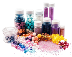 Colorful display of mixed media supplies including glitter, beads, and glue. Perfect for crafting and creative projects, these materials inspire imagination and artistic expression png