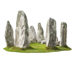 Mysterious stone circle monument surrounded by lush grass, evoking sense of ancient history and isolation. This unique structure stands as testament to past civilizations png