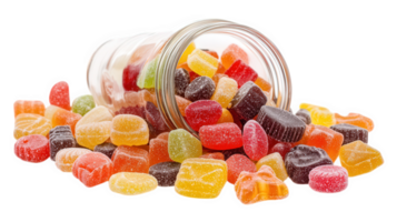 glass jar tipping over with assorted candies spilling out creates colorful and delightful scene. vibrant candies in various shapes and colors evoke sense of joy and nostalgia png