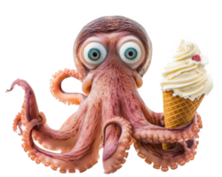 surprised octopus with wide eyes holds giant ice cream cone, showcasing whimsical and playful scene. octopus expression adds fun and humorous touch to image png