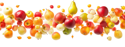vibrant cascade of colorful apples and pears, showcasing variety of shapes and sizes, creates lively and fresh atmosphere. This fruit display evokes feelings of abundance and health png