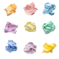 Pack Nine Pastel Colored Crumpled Paper Scraps on Transparent Background for Abstract Visual Concepts png