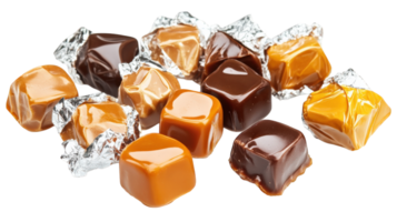 Delicious assortment of caramel toffees wrapped in shiny foil, showcasing variety of flavors and textures that evoke sense of indulgence and sweetness png