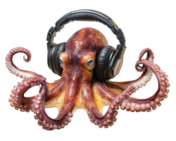 octopus with giant pair of headphones enjoying music, showcasing whimsical and playful scene. vibrant colors and unique subject create fun atmosphere png