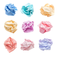 Pack Nine Pastel Colored Crumpled Paper Scraps on Transparent Background for Paper Texture Overlays png