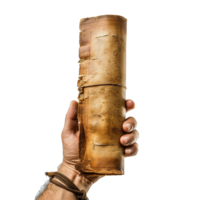 A weathered ancient scroll held in a hand showing age and history png