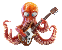 cartoon octopus playing tiny guitar, showcasing its musical talent with fun and lively expression. This whimsical character brings joy and creativity to any scene png