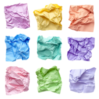 Nine Pastel Colored Crumpled Paper Scraps Against Transparent Background for Creative Design, Abstract Concepts, or Artistic png