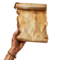 Aged and weathered parchment scroll held in a hand showing signs of time and age png