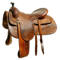 Antique Western Leather Saddle with Intricate Tooled Design and Worn Leather png