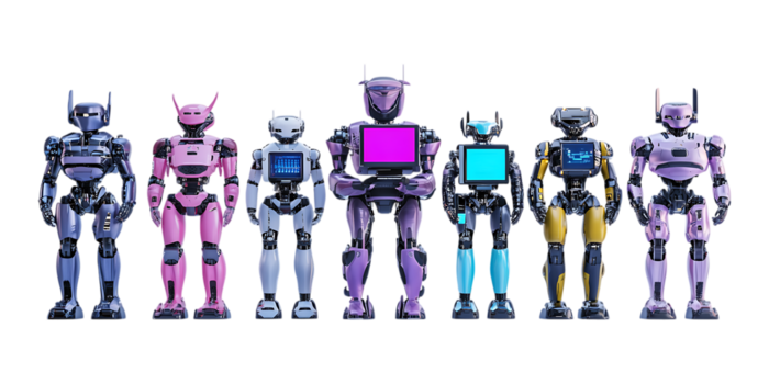 Set of 3D Robots with Computers for AI Illustrations on Transparent Background png