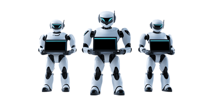 Pack of Realistic 3D Robots Holding Computers in Different Styles on Transparent Background for Technology Branding png