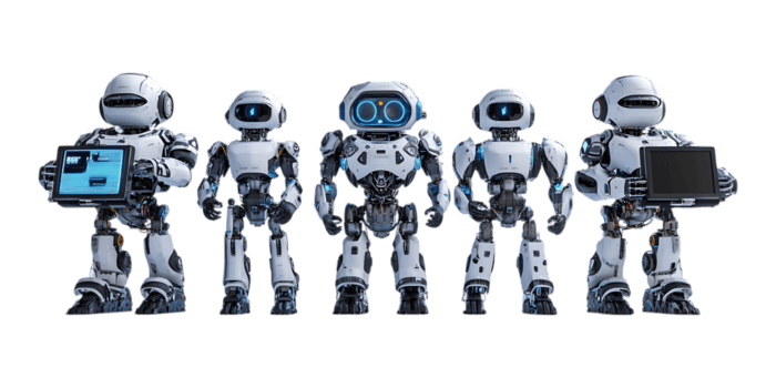 Set of Realistic Robots Holding Computers in Different Styles Against Transparent Background for Technology Branding, AI Illustrations, or Futuristic Designs png