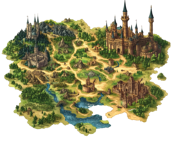 The map of a fantasy world with a castle and trees png