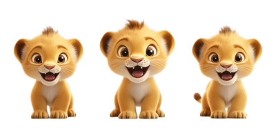 Set of Realistic 3D Baby Lions in Different Styles on Transparent Background for Animal-Themed Illustrations png