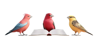 Set of 3D Birds with Books for School Branding on Transparent Background png