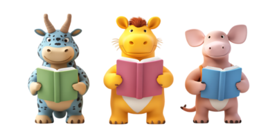 Set of 3D Animal with Books for Back to School Concepts on Transparent Background png