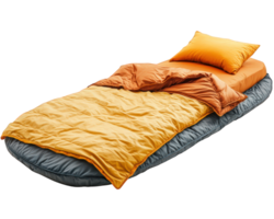 A bed with an orange and gray blanket png