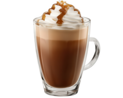 A glass of hot chocolate with whipped cream and caramel png
