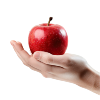 A perfectly ripe red apple gently held in a fair hand against a white background png