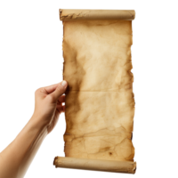 A hand holding an ancient aged and weathered parchment scroll, showing signs of time and age png