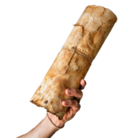 A hand holding an ancient aged and weathered rolled parchment scroll tied with twine png