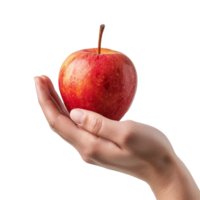 A single red apple held gently in a person's hand against a white background, showcasing the vibrant color and texture of the fruit png