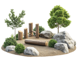 A small park with rocks, trees and a bench png