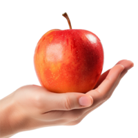 un soltero rojo manzana retenida suavemente en un de la persona mano, destacado en contra un blanco antecedentes png