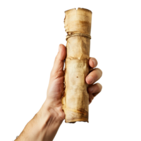 A hand holding an ancient and weathered rolled parchment scroll tied with twine png