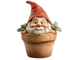 A garden gnome sitting in a pot with leaves png