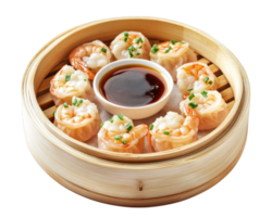 A bamboo container with shrimp and sauce png