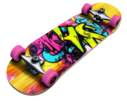 A skateboard with colorful graffiti on it png