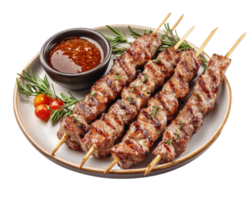 Grilled meat skewers on a plate with sauce png