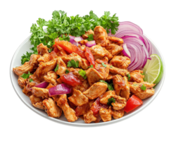 A plate of chicken and vegetables with a lime wedge png