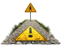 A yellow caution sign on a path with rocks png
